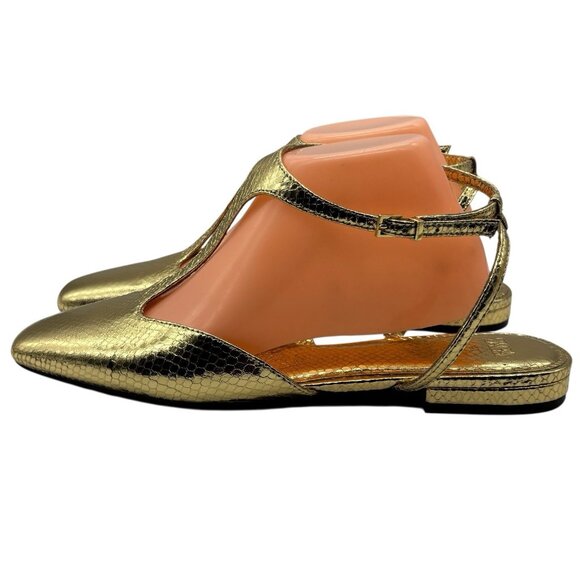 ZARA Gold Front Strap Flats Shoes Women’s Sz 41 US SZ 10 Snakeskin - Picture 1 of 13